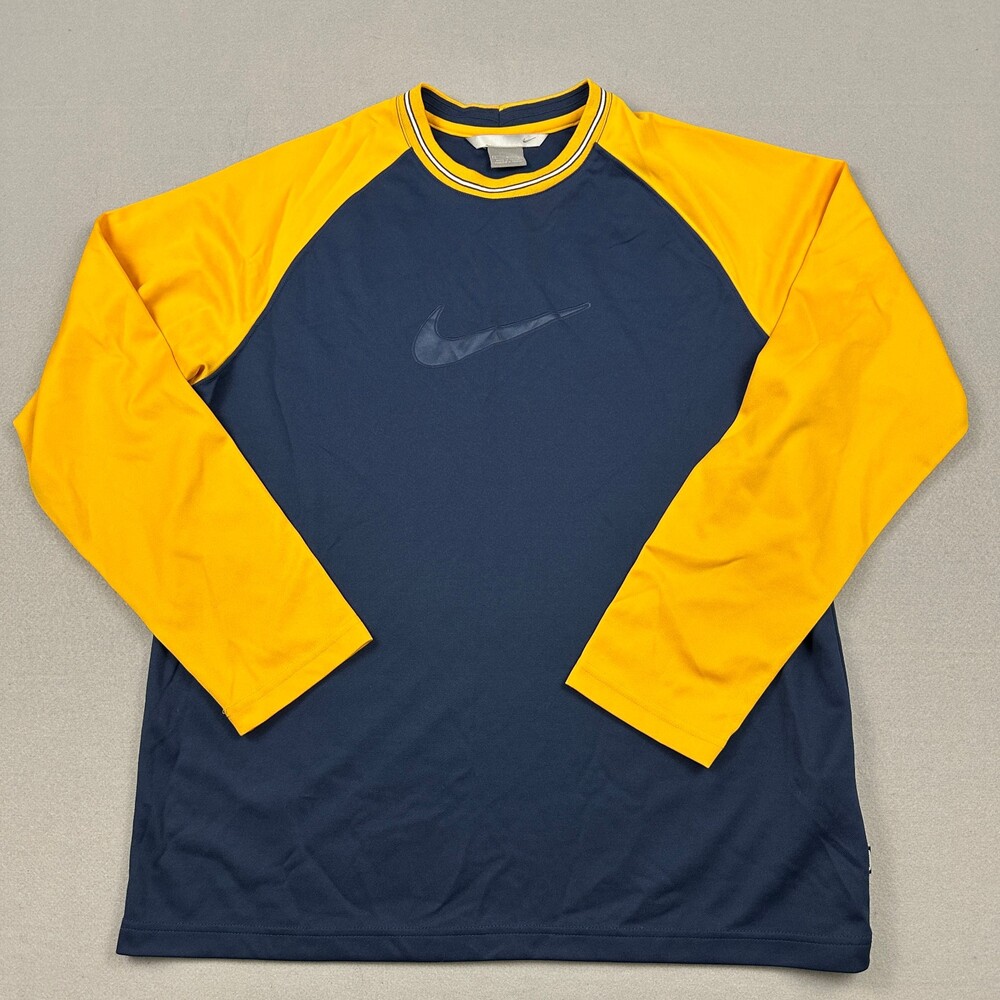 Vintage Nike Shirt Men Large Navy Yellow Big Center Swoosh Basketball Y2K 2000s